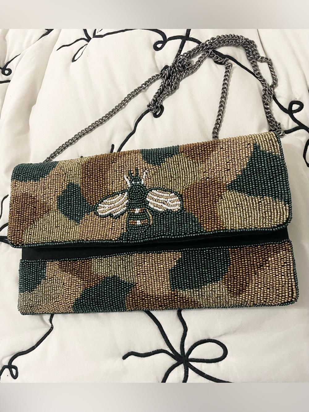 Beaded Camouflage Foldover Clutch with Bee Accent - Green/Brown